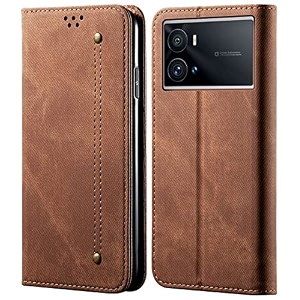 pudini luxury denim leather finish flip cover for iqoo 9 pro wallet case cards slot with magnetic closer kickstand flip cover 360 protection - brown