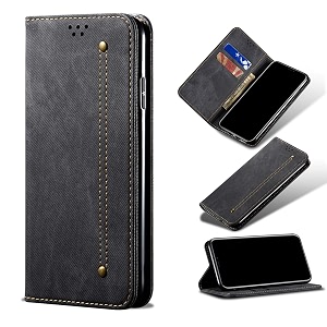 pudini luxury denim leather finish flip cover for samsung galaxy m32 4g not for galaxy m32 5g wallet case cards slot with magnetic closer kickstand flip cover 360 protection - black