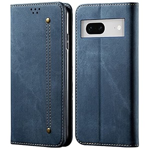 pudini luxury denim leather finish flip cover for google pixel 7 wallet case cards slot with magnetic closer kickstand flip cover 360 protection - blue
