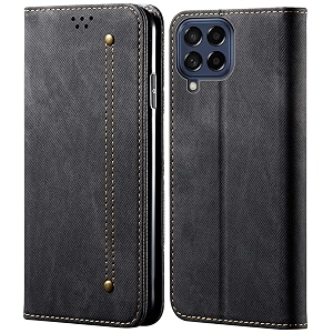 pudini luxury denim leather finish flip cover for samsung galaxy m33 5g wallet case cards slot with magnetic closer kickstand flip cover 360 protection - black