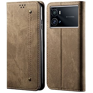 pudini luxury denim leather finish flip cover for iqoo 9 pro wallet case cards slot with magnetic closer kickstand flip cover 360 protection - khaki
