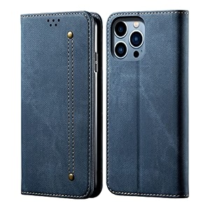 pudini luxury denim leather finish flip cover for apple iphone 14 pro max wallet case cards slot with magnetic closer kickstand flip cover 360 protection - blue