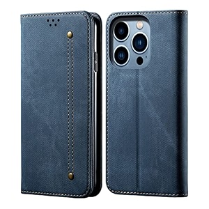 pudini luxury denim leather finish flip cover for apple iphone 14 pro wallet case cards slot with magnetic closer kickstand flip cover 360 protection - blue