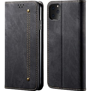 pudini luxury denim leather finish flip cover for apple iphone 11 pro 58 wallet case cards slot with magnetic closer kickstand flip cover 360 protection - black
