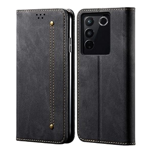 pudini luxury denim leather finish flip cover for vivo v27 pro  vivo v27 wallet case cards slot with magnetic closer kickstand flip cover 360 protection - black