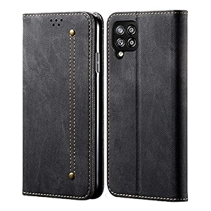 pudini luxury denim leather finish flip cover for samsung galaxy m42 5g wallet case cards slot with magnetic closer kickstand flip cover 360 protection - black