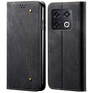 pudini luxury denim leather finish flip cover for one plus 10 pro 5g  oneplus 10 pro 5g wallet case cards slot with magnetic closer kickstand flip cover 360 protection - black