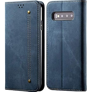pudini luxury denim leather finish flip cover for samsung galaxy s10  galaxy s10 plus wallet case cards slot with magnetic closer kickstand flip cover 360 protection - blue