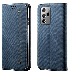 pudini luxury denim leather finish flip cover for samsung galaxy note 20 ultra wallet case cards slot with magnetic closer kickstand flip cover 360 protection - blue