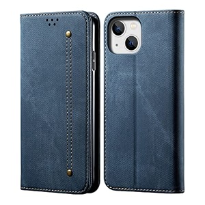 pudini luxury denim leather finish flip cover for apple iphone 14 wallet case cards slot with magnetic closer kickstand flip cover 360 protection - blue