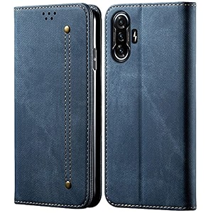 pudini luxury denim leather finish flip cover for poco f3 gt wallet case cards slot with magnetic closer kickstand flip cover 360 protection - blue