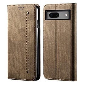 pudini luxury denim leather finish flip cover for apple iphone 13 pro max wallet case cards slot with magnetic closer kickstand flip cover 360 protection - khaki
