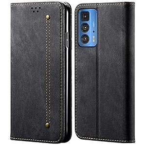 pudini luxury denim leather finish flip cover for motorola edge 20 pro wallet case cards slot with magnetic closer kickstand flip cover 360 protection - black