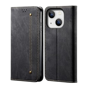 pudini luxury denim leather finish flip cover for vivo v23 5g wallet case cards slot with magnetic closer kickstand flip cover 360 protection - black
