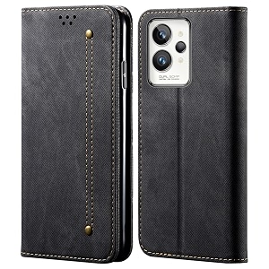 pudini luxury denim leather finish flip cover for realme gt 2 pro wallet case cards slot with magnetic closer kickstand flip cover 360 protection - black