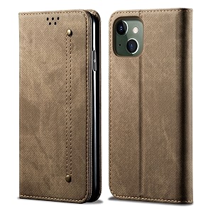 pudini luxury denim leather finish flip cover for apple iphone 13 wallet case cards slot with magnetic closer kickstand flip cover 360 protection - khaki
