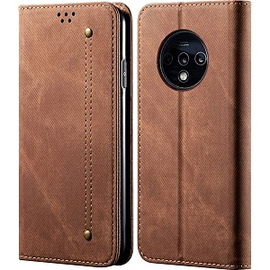 pudini luxury denim leather finish flip cover for oneplus 7t  one plus 7t  17t wallet case cards slot with magnetic closer kickstand flip cover 360 protection - brown