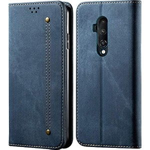 pudini luxury denim leather finish flip cover for oneplus 7t proone plus 7t pro  17t pro wallet case cards slot with magnetic closer kickstand flip cover 360 protection - blue