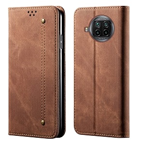 pudini luxury denim leather finish flip cover for mi 10i wallet case cards slot with magnetic closer kickstand flip cover 360 protection - brown