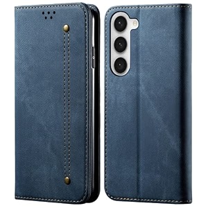 pudini luxury denim leather finish flip cover for samsung galaxy s23 wallet case cards slot with magnetic closer kickstand flip cover 360 protection - blue