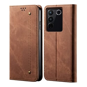 pudini luxury denim leather finish flip cover for vivo v27 pro  vivo v27 wallet case cards slot with magnetic closer kickstand flip cover 360 protection - brown