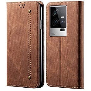 pudini luxury denim leather finish flip cover for iqoo 11 5g wallet case cards slot with magnetic closer kickstand flip cover 360 protection - brown