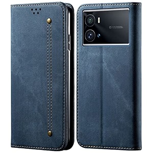 pudini luxury denim leather finish flip cover for iqoo 9 pro wallet case cards slot with magnetic closer kickstand flip cover 360 protection - blue