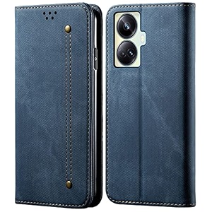pudini luxury denim leather finish flip cover for realme 10 pro 5g  10 pro plus 5g wallet case cards slot with magnetic closer kickstand flip cover 360 protection - blue