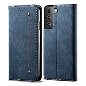 pudini luxury denim leather finish flip cover for samsung galaxy s21  galaxy s21 plus wallet case cards slot with magnetic closer kickstand flip cover 360 protection - blue