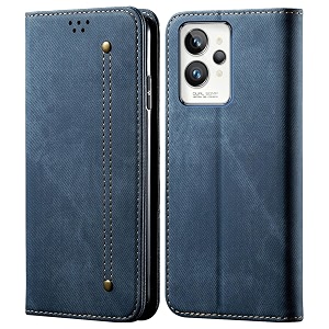 pudini luxury denim leather finish flip cover for realme gt 2 pro wallet case cards slot with magnetic closer kickstand flip cover 360 protection - blue
