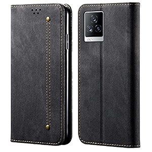 pudini luxury denim leather finish flip cover for iqoo 7 legend 5g wallet case cards slot with magnetic closer kickstand flip cover 360 protection - black