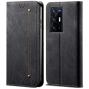 pudini luxury denim leather finish flip cover for vivo x70 pro  vivo x70 pro plus wallet case cards slot with magnetic closer kickstand flip cover 360 protection - black