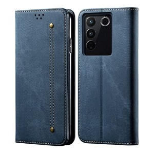 pudini luxury denim leather finish flip cover for vivo v27 pro  vivo v27 wallet case cards slot with magnetic closer kickstand flip cover 360 protection - blue