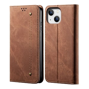pudini luxury denim leather finish flip cover for apple iphone 14 wallet case cards slot with magnetic closer kickstand flip cover 360 protection - brown