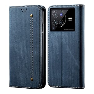 pudini luxury denim leather finish flip cover for vivo x80 pro 5g wallet case cards slot with magnetic closer kickstand flip cover 360 protection - blue