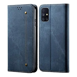 pudini luxury denim leather finish flip cover for samsung galaxy m51 wallet case cards slot with magnetic closer kickstand flip cover 360 protection - blue
