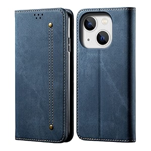 pudini luxury denim leather finish flip cover for apple iphone 14 plus wallet case cards slot with magnetic closer kickstand flip cover 360 protection - blue