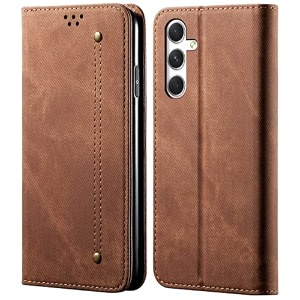 pudini luxury denim leather finish flip cover for samsung galaxy a54 5g wallet case cards slot with magnetic closer kickstand flip cover 360 protection - brown