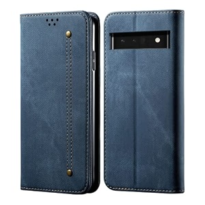 pudini luxury denim leather finish flip cover for google pixel 6 pro wallet case cards slot with magnetic closer kickstand flip cover 360 protection - blue