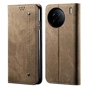 pudini luxury denim leather finish flip cover for vivo x90 pro wallet case cards slot with magnetic closer kickstand flip cover 360 protection - khaki