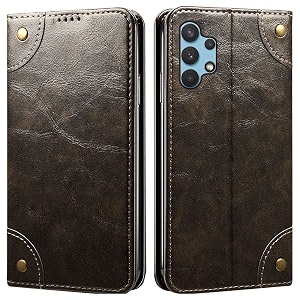 pu leather wallet folio case for samsung galaxy a32 flip cover book design pouch with stand amp card slot magnetic push closure - grey