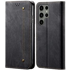 pudini luxury denim leather finish flip cover for samsung galaxy s23 ultra wallet case cards slot with magnetic closer kickstand flip cover 360 protection - black
