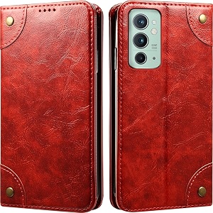 pu leather wallet folio case for oneplus 9rt flip cover book design pouch with stand amp card slot magnetic push closure - red