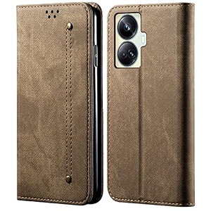 pudini luxury denim leather finish flip cover for realme 10 pro 5g  10 pro plus 5g wallet case cards slot with magnetic closer kickstand flip cover 360 protection - khaki