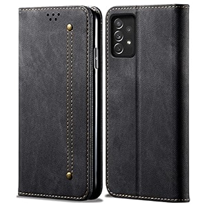 pudini luxury denim leather finish flip cover for samsung galaxy a73 5g wallet case cards slot with magnetic closer kickstand flip cover 360 protection - black