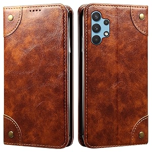 pu leather wallet folio case for samsung galaxy a32 flip cover book design pouch with stand amp card slot magnetic push closure - brown