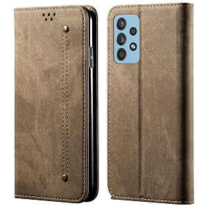 pudini luxury denim leather finish flip cover for samsung galaxy m32 5g not for galaxy m32 4g wallet case cards slot with magnetic closer kickstand flip cover 360 protection - khaki