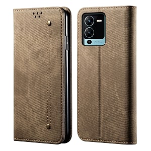 pudini luxury denim leather finish flip cover for vivo v25 pro wallet case cards slot with magnetic closer kickstand flip cover 360 protection - khaki
