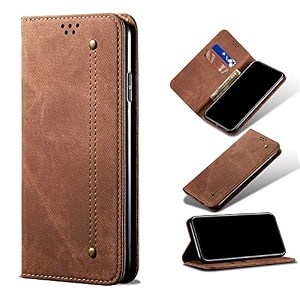 pudini luxury denim leather finish flip cover for motorola edge 20 wallet case cards slot with magnetic closer kickstand flip cover 360 protection - brown
