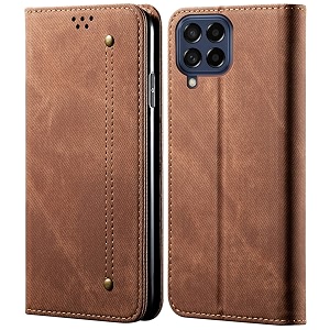 pudini luxury denim leather finish flip cover for samsung galaxy m33 5g wallet case cards slot with magnetic closer kickstand flip cover 360 protection - brown